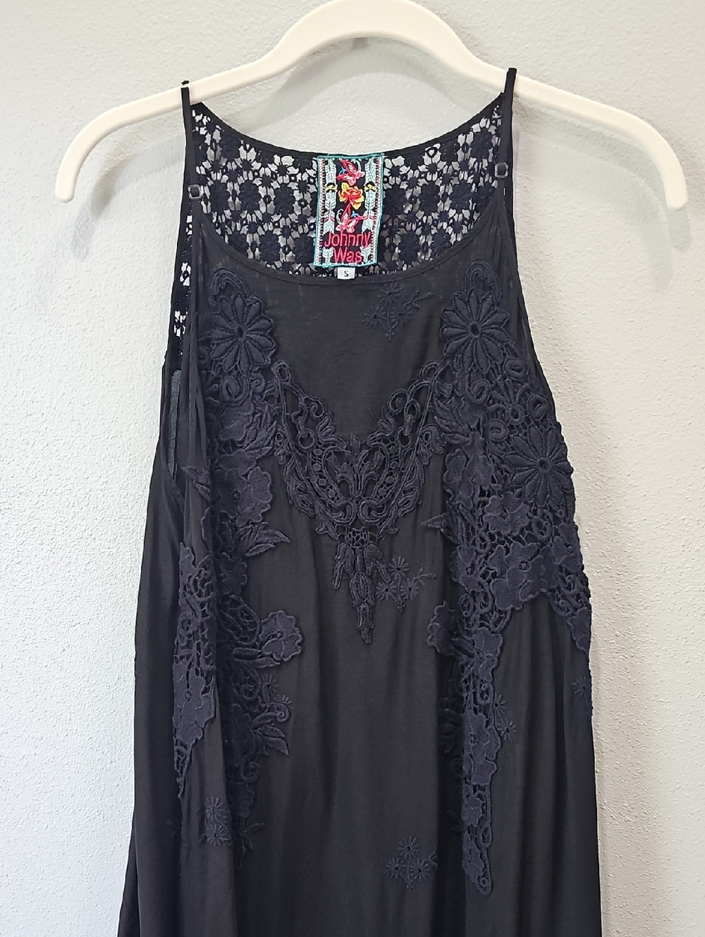 Johnny Was Black Floral Lace Slip Dress